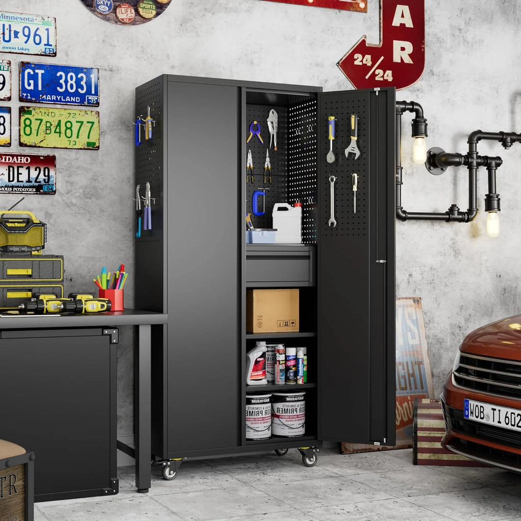 Aobabo 73''H Metal Garage Storage Cabinet with Wheels,Steel Cabinets with 2 Doors and 4 Adjustable Shelves for Home Office,Required Assembly,Black