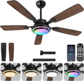 OUTON 52" RGB Ceiling Fan with Dimmable Light & App Control, 6-Speed Reversible, Modern Low Profile, Indoor/Outdoor, Walnut
