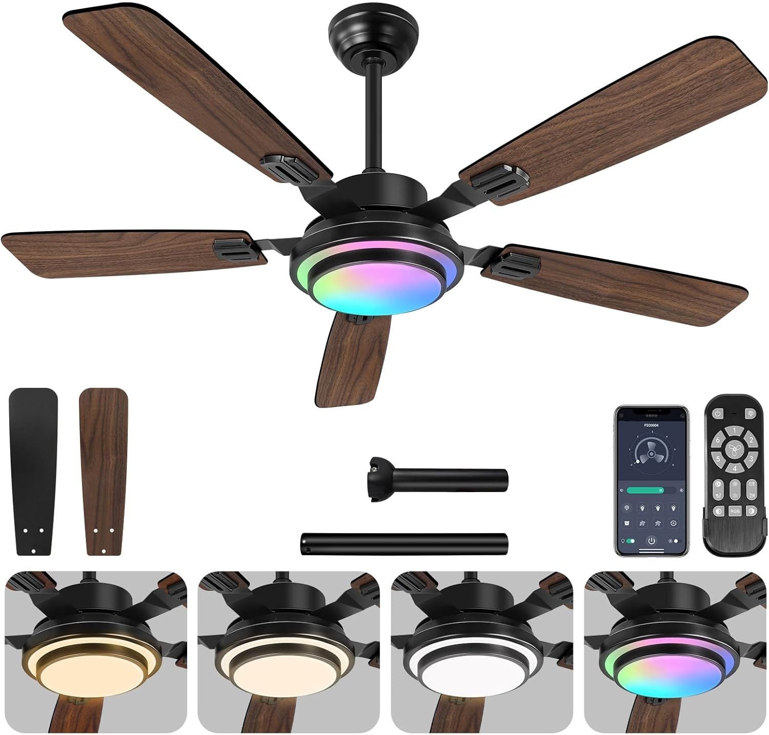 OUTON 52" RGB Ceiling Fan with Dimmable Light & App Control, 6-Speed Reversible, Modern Low Profile, Indoor/Outdoor, Walnut