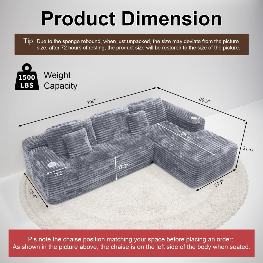 Cloud Sectional Couch with L Shape Chaise Modern Modular Sofa with Deep Seat Built in Cup Holder