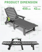 Lounge Chair Outdoor, Chaise Lounge, HDPE 6-Position Outdoor Chaise Lounge, Patio Lounge Chair with Wheels & Cup Holder for Pool Poolside Deck Backyard, Teak