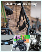 Gotrax adult electric scooter with seat, maximum range of 19-25 miles, all-terrain tires, wide pedals, padded seat, and carrycot