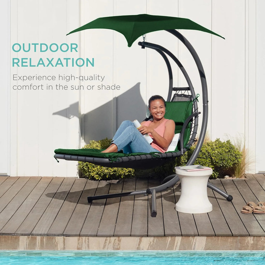 Best Choice Products Outdoor Hanging Curved Steel Chaise Lounge Chair Swing w/Built-in Pillow and Removable Canopy - Teal