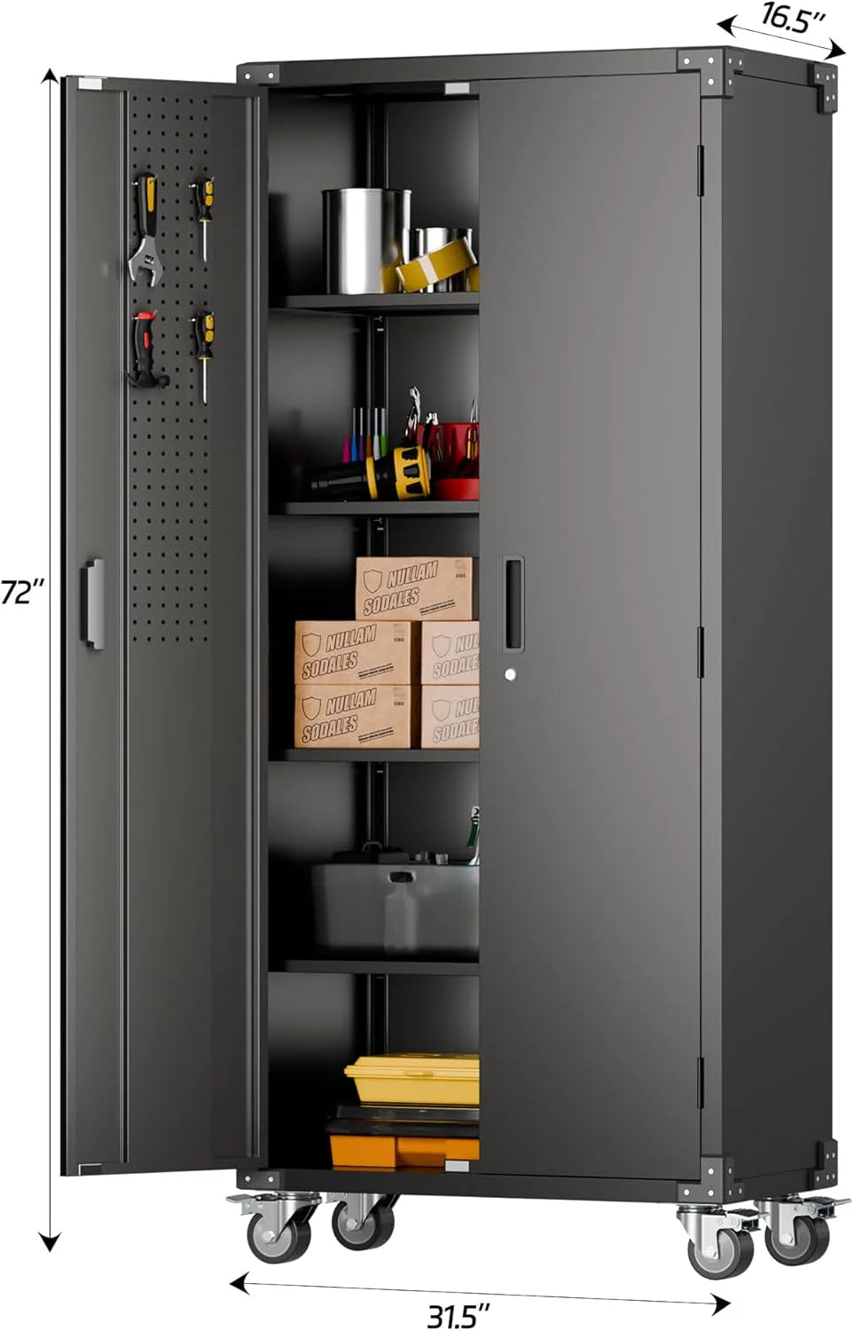 Aobabo 73''H Metal Garage Storage Cabinet with Wheels,Steel Cabinets with 2 Doors and 4 Adjustable Shelves for Home Office,Required Assembly,Black