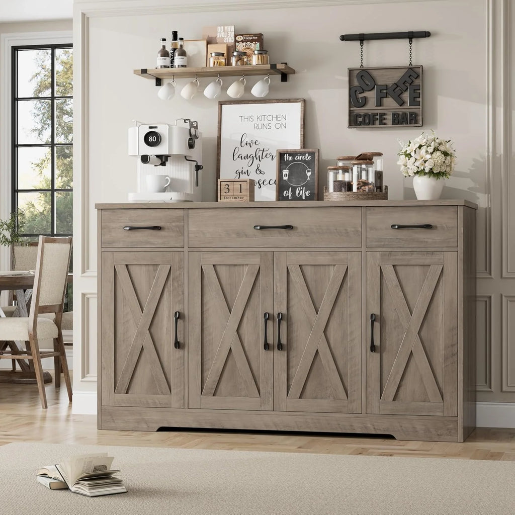HOSTACK Buffet Cabinet with Drawers, 55" Large Sideboard Buffet Storage Cabinet with Shelves and Doors, Modern Farmhouse Coffee Bar Station Wood Kitchen Table for Kitchen, Dining Room, White/Rustic