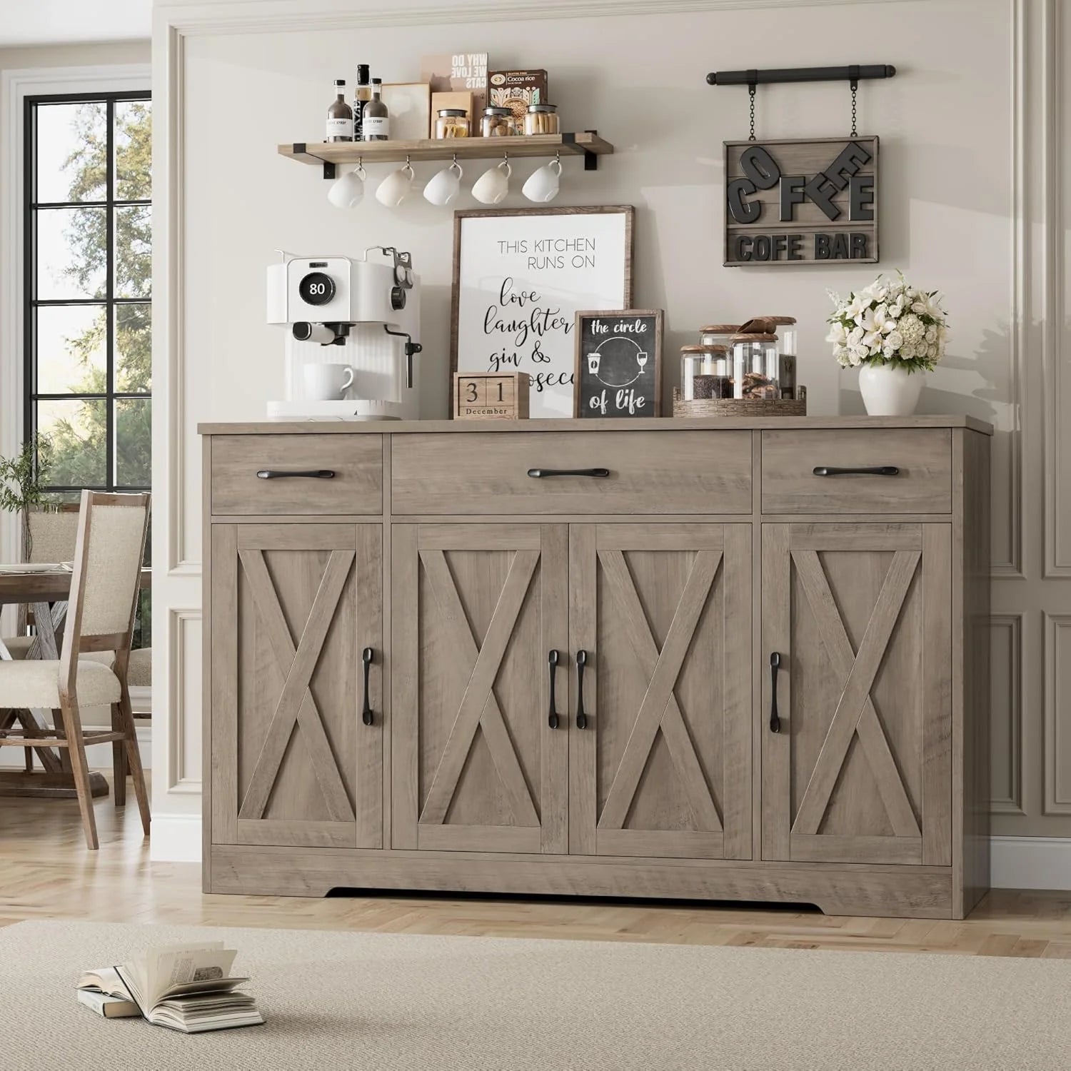 HOSTACK Buffet Cabinet with Drawers, 55" Large Sideboard Buffet Storage Cabinet with Shelves and Doors, Modern Farmhouse Coffee Bar Station Wood Kitchen Table for Kitchen, Dining Room, White/Rustic