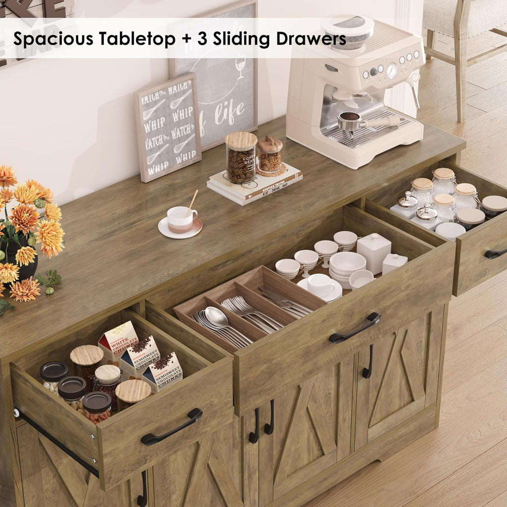 HOSTACK Buffet Cabinet with Drawers, 55" Large Sideboard Buffet Storage Cabinet with Shelves and Doors, Modern Farmhouse Coffee Bar Station Wood Kitchen Table for Kitchen, Dining Room, White/Rustic