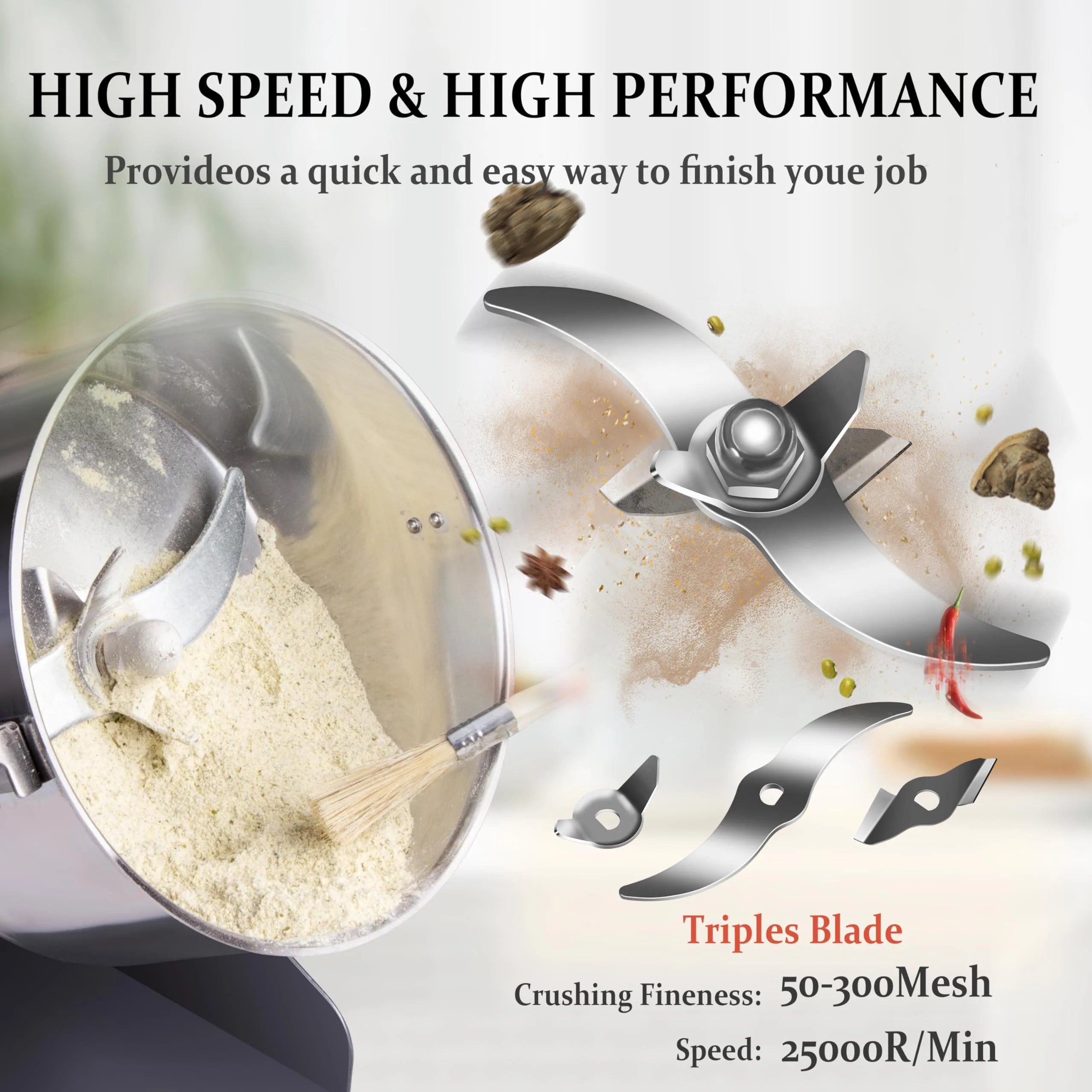 INSELY Stainless Steel 2000g High Speed Food Grain Mill Grinder