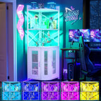 Aheaplus Corner Bar Cabinet with Power Outlet, Industrial Wine Cabinet with LED Strip and Glass Holder, 5-Tiers Liquor Cabinet Bar Unit for Home, Corner Display Cabinet for Small Space, White Oak