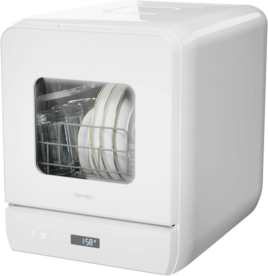 Hermitlux Countertop Dishwasher, 7 Washing Programs Portable Mini Dishwasher with 5-Liter Built-in Water Tank for Apartments & RVs, LED Light, Glass Door, No Hookup Needed