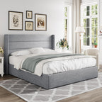 Allewie Queen Size Lift Up Storage Bed, Modern Wingback Headboard, Hydraulic Support, No Box Spring Needed, Light Beige