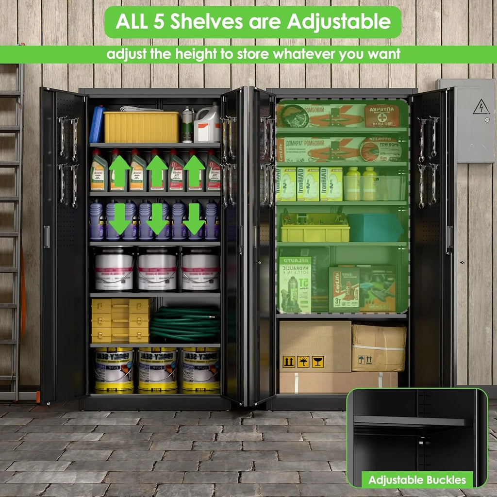 Aobabo 73''H Metal Garage Storage Cabinet with Wheels,Steel Cabinets with 2 Doors and 4 Adjustable Shelves for Home Office,Required Assembly,Black