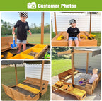 Kids Wooden Outdoor Sandbox w/Canopy, 2 Foldable Bench Seats, Retractable Roof Sand Protection Liner 47x47-Inch
