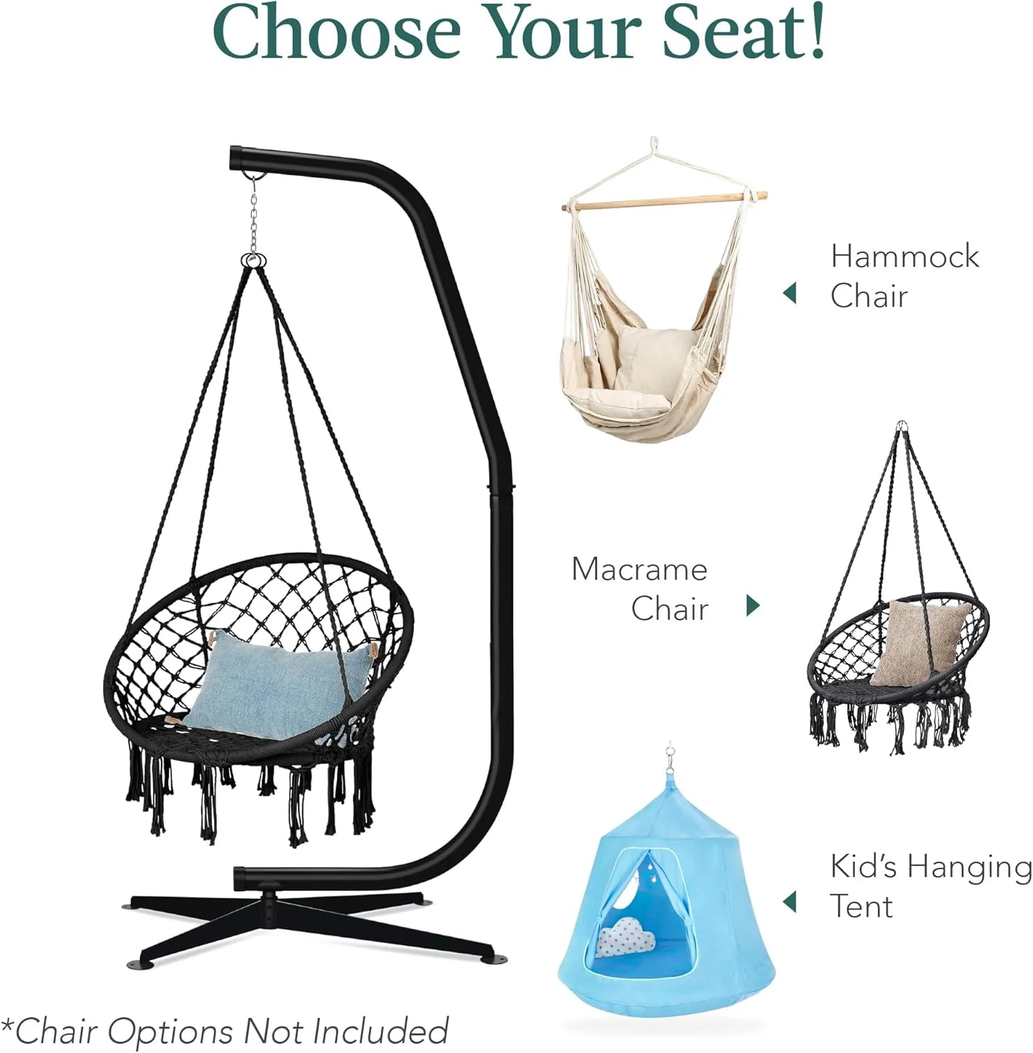 Best Choice Products Metal Hanging Hammock C-Stand for Chair/Weather-Resistant Finish, Offset Base - Stand Only - Black