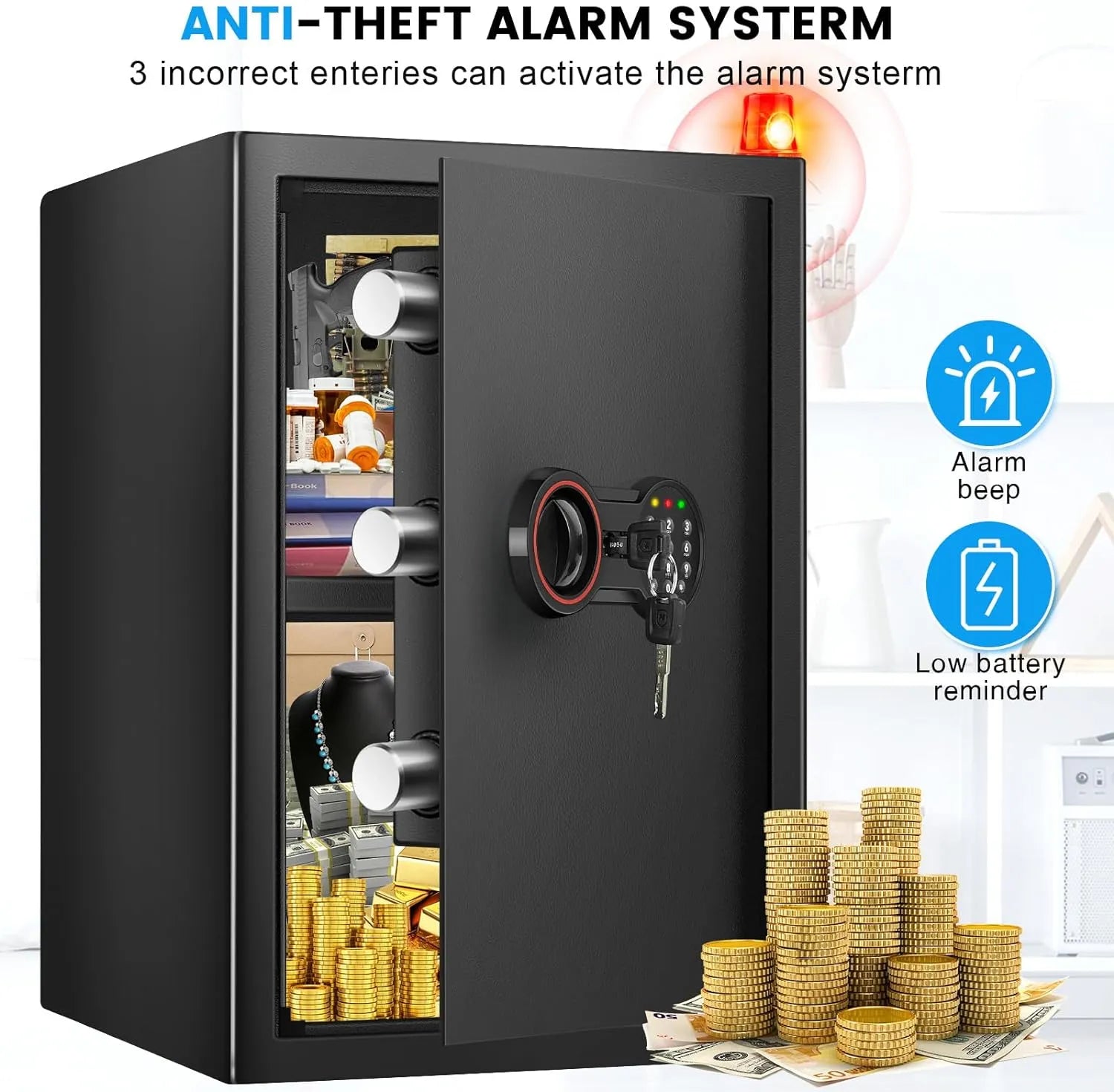 3.8 Cub Large safe is fireproof and waterproof, burglar proof and fireproof safe, with numeric keypad, spare key and 2 removable shelves