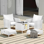 LEVELEVE Balcony Furniture 5 Piece Patio Conversation Set, PE Wicker Rattan Outdoor Lounge Chairs with Soft Cushions 2 Ottoman&Glass Table for Porch, Lawn-Brown Wicker