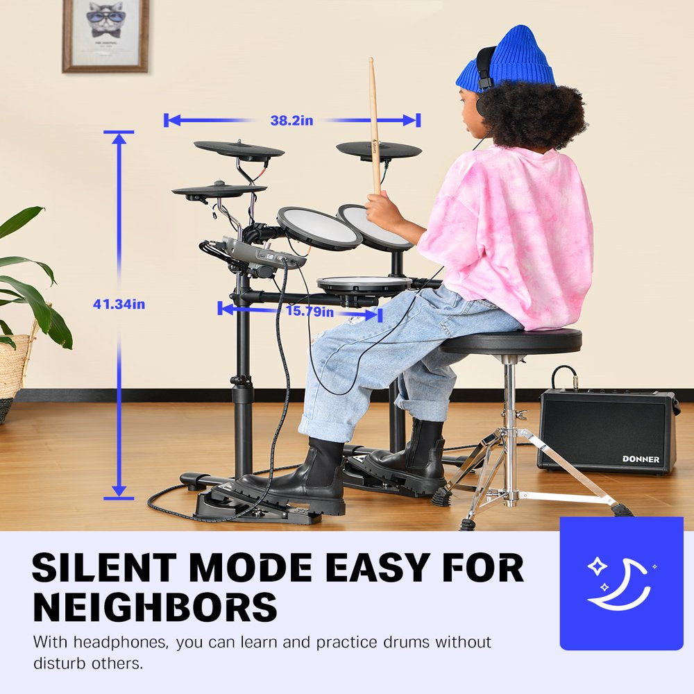Donner Electric Drum Set For Kids Beginner, 68+ Sounds, Quiet Mesh Pad