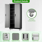 Aobabo 73''H Metal Garage Storage Cabinet with Wheels,Steel Cabinets with 2 Doors and 4 Adjustable Shelves for Home Office,Required Assembly,Black