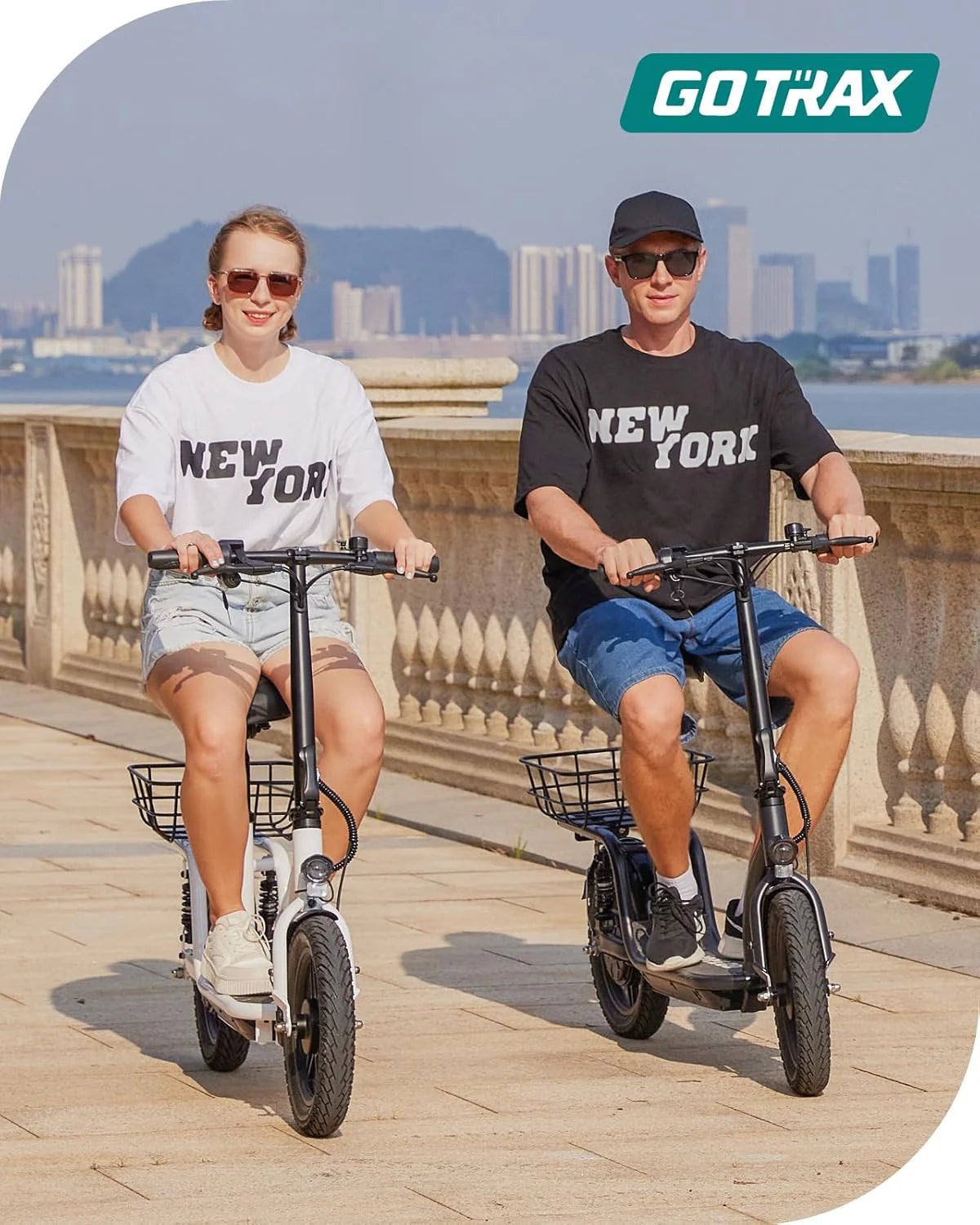 Gotrax adult electric scooter with seat, maximum range of 19-25 miles, all-terrain tires, wide pedals, padded seat, and carrycot