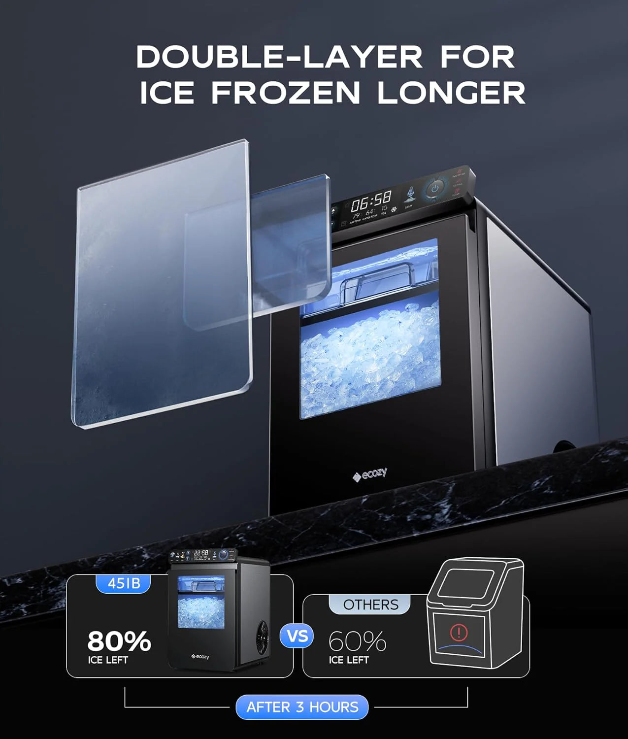 ecozy Nugget Ice Maker Countertop, Smart Pebble Ice Machine with APP Control, 44 lbs/24H Soft Pellet Chewable Ice with Self-Cleaning, Stainless Steel