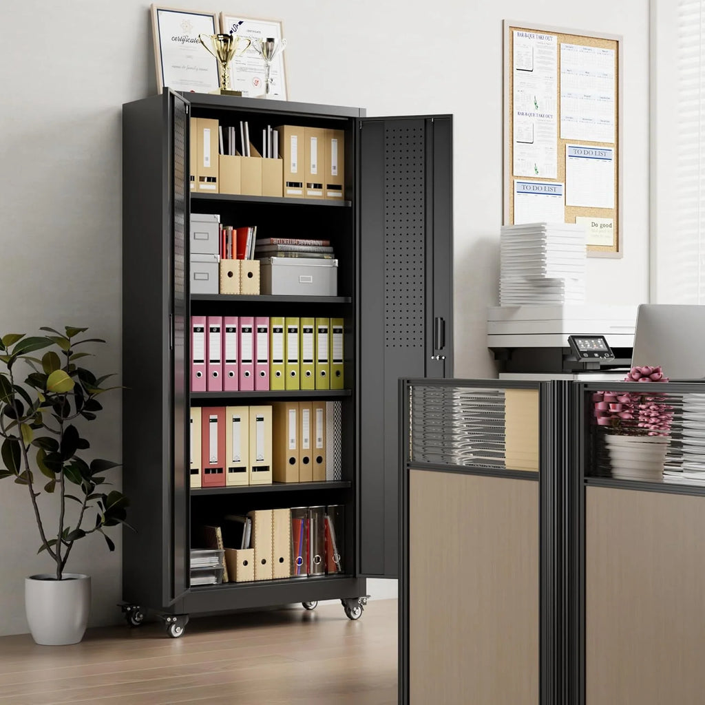 Aobabo 73''H Metal Garage Storage Cabinet with Wheels,Steel Cabinets with 2 Doors and 4 Adjustable Shelves for Home Office,Required Assembly,Black