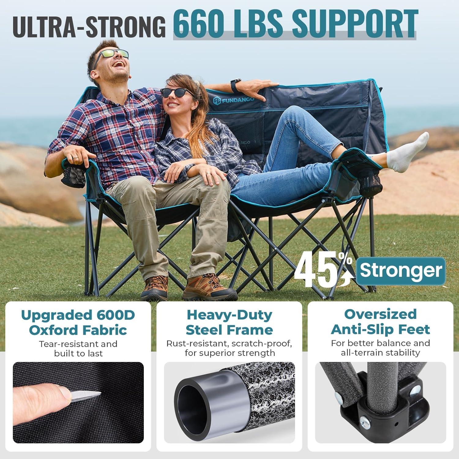 Double Camping Chair with Cooler 3-Person Folding Extra Large Camping Chair with 1000-Pound Load Capacity