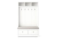 White MDF Coat Rack with Grey Cushion, 5 Hooks, 2 Drawers, 3 Storage Compartments, 200cm x 100cm x 40cm