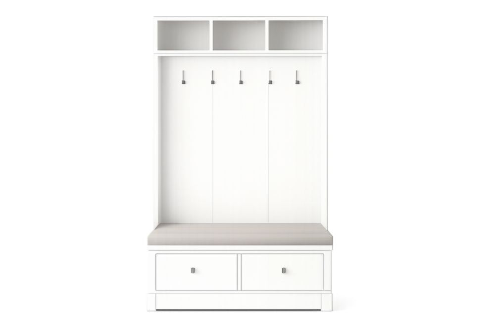 White MDF Coat Rack with Grey Cushion, 5 Hooks, 2 Drawers, 3 Storage Compartments, 200cm x 100cm x 40cm