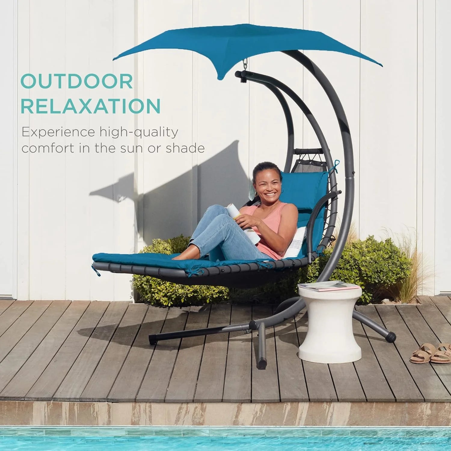 Best Choice Products Outdoor Hanging Curved Steel Chaise Lounge Chair Swing w/Built-in Pillow and Removable Canopy - Teal