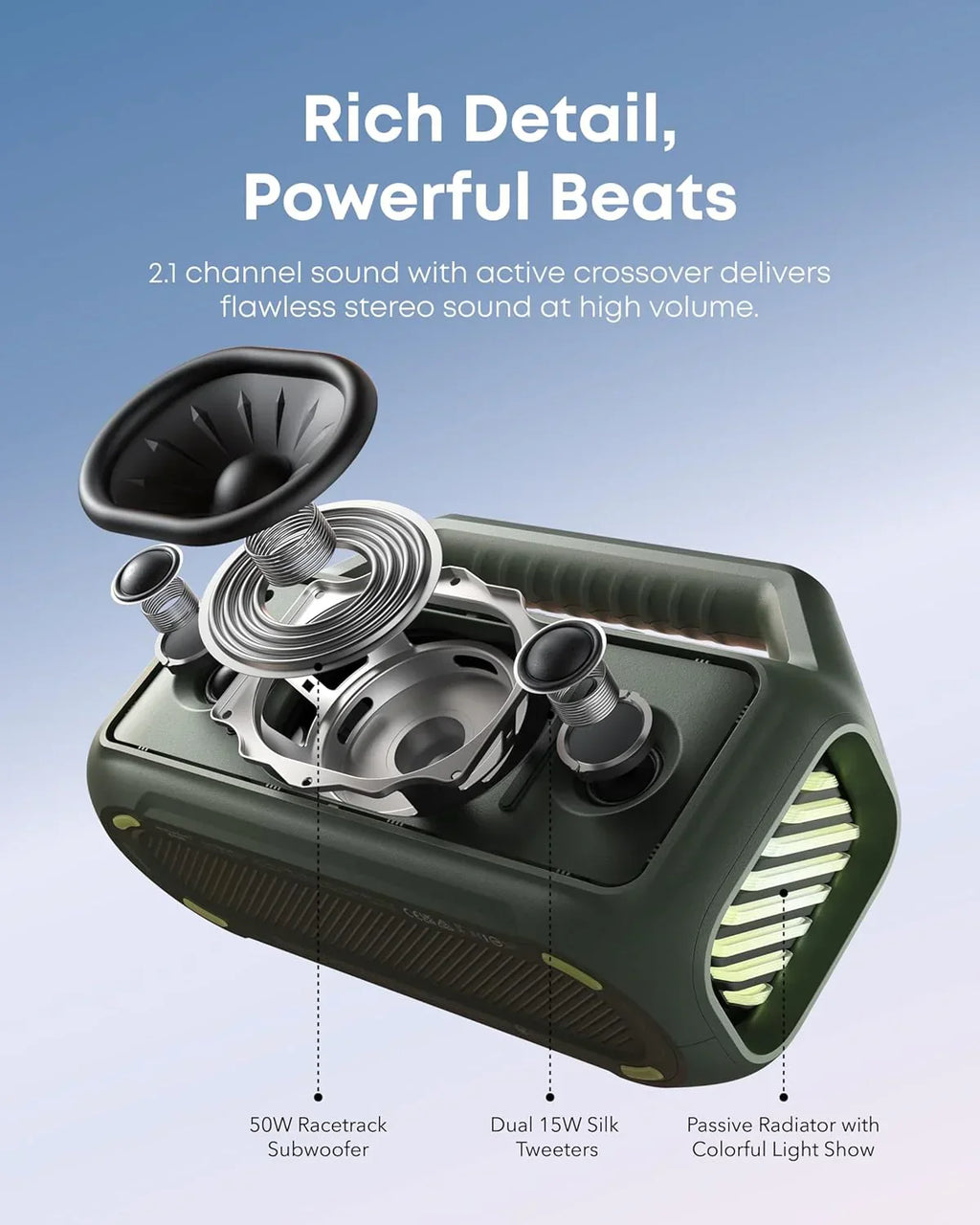 Outdoor Speaker 80W Subwoofer BassUp 2.0 24H Playtime IPX7 Waterproof Floatable RGB Lights
