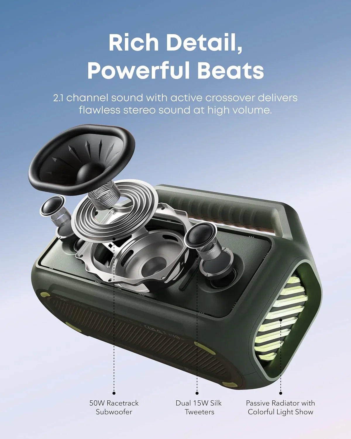 Outdoor Speaker 80W Subwoofer BassUp 2.0 24H Playtime IPX7 Waterproof Floatable RGB Lights