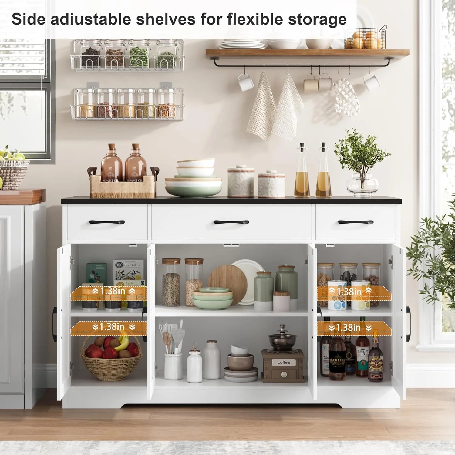 HOSTACK Buffet Cabinet with Drawers, 55" Large Sideboard Buffet Storage Cabinet with Shelves and Doors, Modern Farmhouse Coffee Bar Station Wood Kitchen Table for Kitchen, Dining Room, White/Rustic