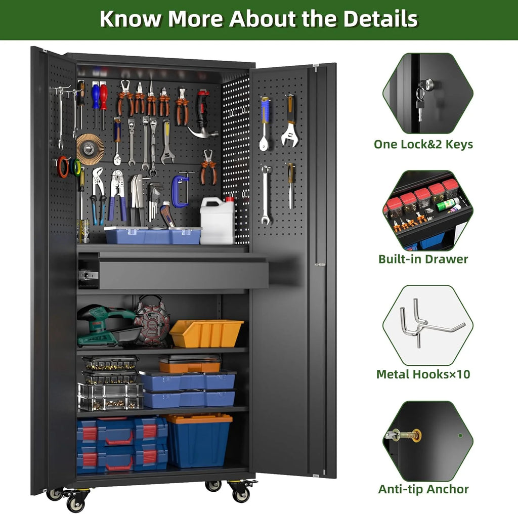 Aobabo 73''H Metal Garage Storage Cabinet with Wheels,Steel Cabinets with 2 Doors and 4 Adjustable Shelves for Home Office,Required Assembly,Black
