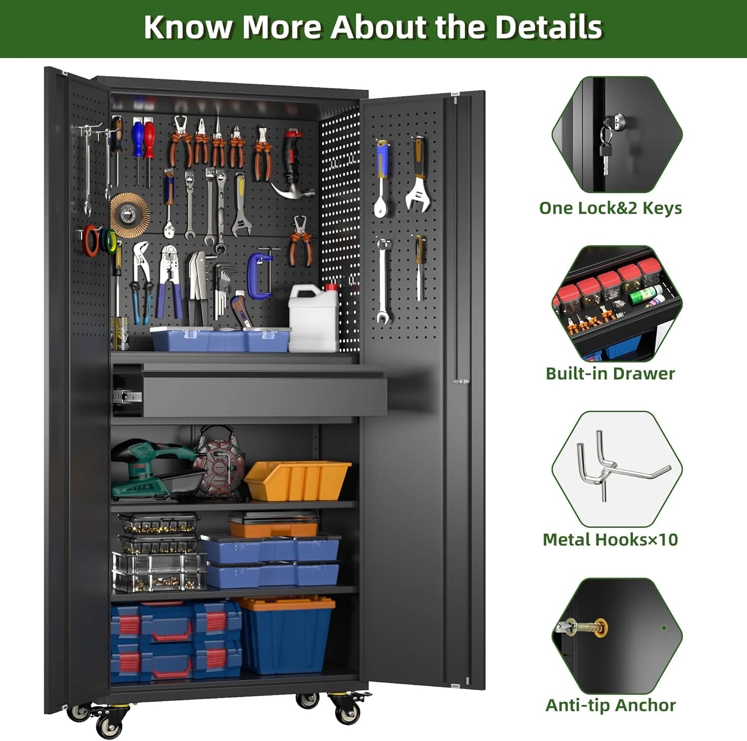Aobabo 73''H Metal Garage Storage Cabinet with Wheels,Steel Cabinets with 2 Doors and 4 Adjustable Shelves for Home Office,Required Assembly,Black