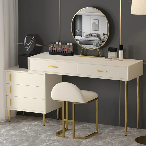 Modern Blue Makeup Vanity Set Retracted Dressing Table Cabinet&amp;Stool&amp;Mirror Included