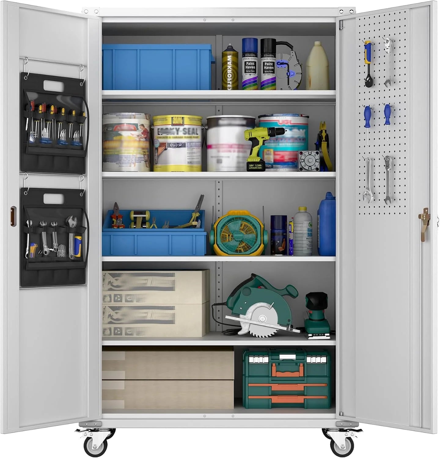 Aobabo 73''H Metal Garage Storage Cabinet with Wheels,Steel Cabinets with 2 Doors and 4 Adjustable Shelves for Home Office,Required Assembly,Black