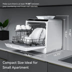 Hermitlux Countertop Dishwasher, 7 Washing Programs Portable Mini Dishwasher with 5-Liter Built-in Water Tank for Apartments & RVs, LED Light, Glass Door, No Hookup Needed