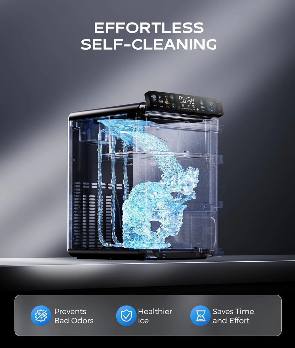 ecozy Nugget Ice Maker Countertop, Smart Pebble Ice Machine with APP Control, 44 lbs/24H Soft Pellet Chewable Ice with Self-Cleaning, Stainless Steel