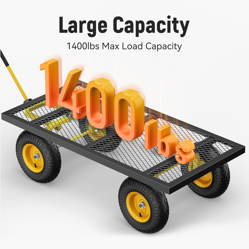 Steel Garden Cart, 2-in-1 1400 lbs Heavy Duty Utility Wagon, with Removable Mesh Sides to Convert into Flatbed, 240�� U-Turn 13" Pneumatic Tires Garden Wagon for Farm Yard Lawn Garden Camping