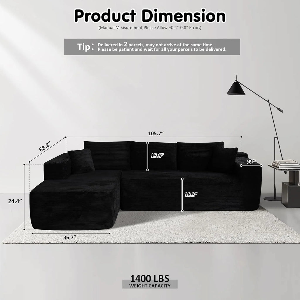 ovios 104" Cloud Sectional Couch with L-Shape Chaise,Modern Modular Sofa with Deep Seat, Upholstered Couches for Living Room Bedroom,No Assembly Required, Grey (Plush Corduroy Fabric)