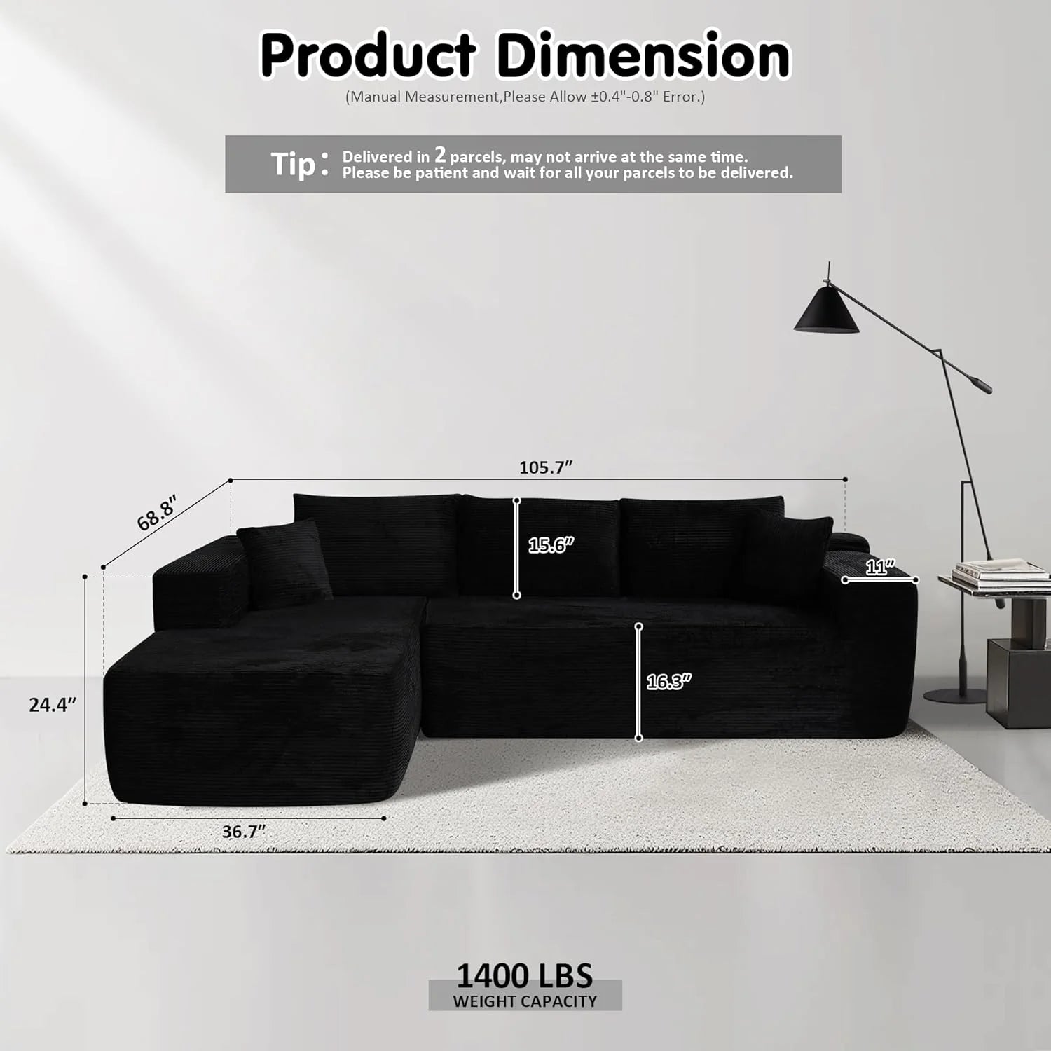 ovios 104" Cloud Sectional Couch with L-Shape Chaise,Modern Modular Sofa with Deep Seat, Upholstered Couches for Living Room Bedroom,No Assembly Required, Grey (Plush Corduroy Fabric)