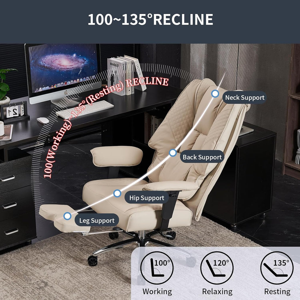 Large Tall Office Chair 400 lbs Wide Seat, Leather High Back Executive Office Chair with Footrest, Ergonomic Office Chair Lumbar Support to Relieve Lower Back Pain (Beige)