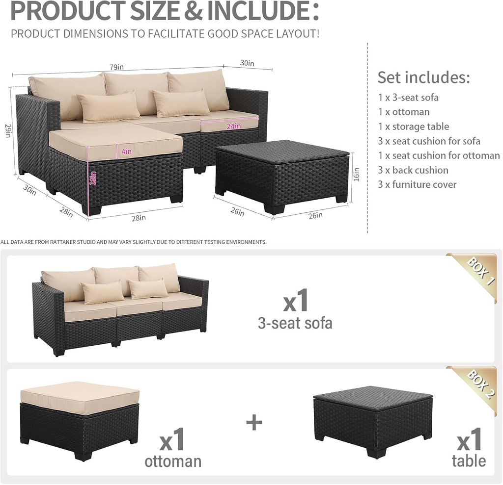 Rattaner Outdoor Furniture Set 3 Pieces Wicker Patio Furniture Outdoor Sectional Patio Couch Outdoor Coffee Table with Storage All-Weather Non-Slip Cushions Waterproof Covers