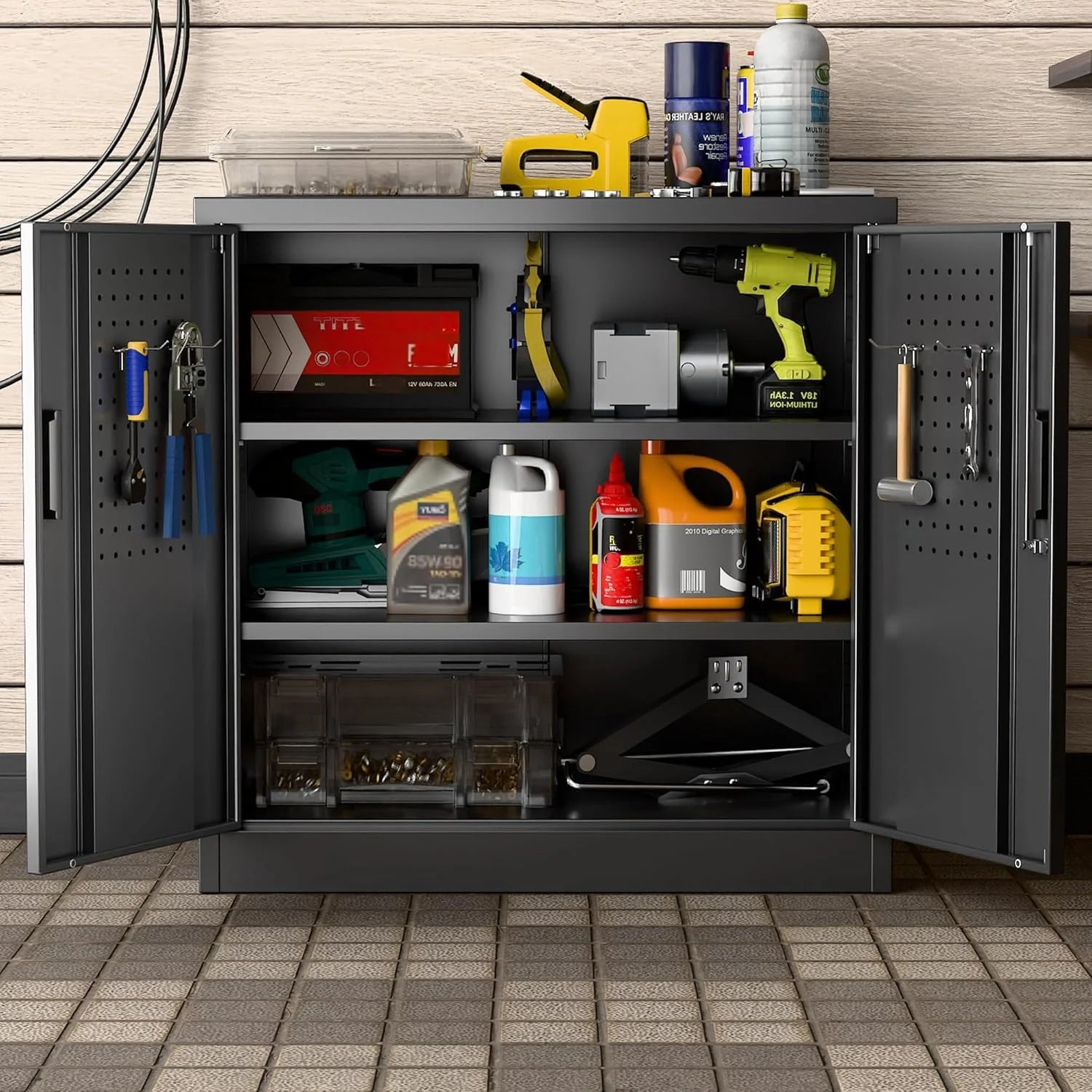 Aobabo 73''H Metal Garage Storage Cabinet with Wheels,Steel Cabinets with 2 Doors and 4 Adjustable Shelves for Home Office,Required Assembly,Black