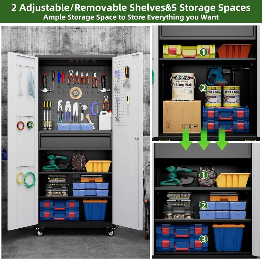 Aobabo 73''H Metal Garage Storage Cabinet with Wheels,Steel Cabinets with 2 Doors and 4 Adjustable Shelves for Home Office,Required Assembly,Black