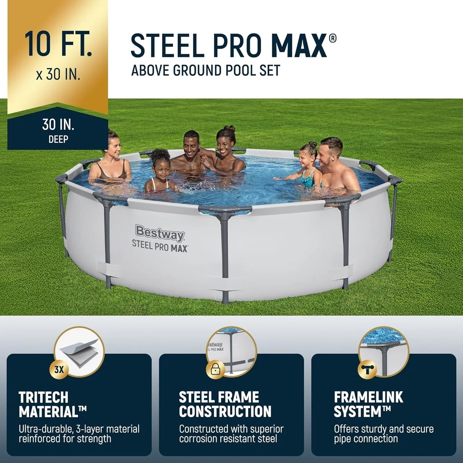 Steel Pro MAX 10 Foot x 30 Inch Round Metal Frame Above Ground Backyard Swimming Pool Set