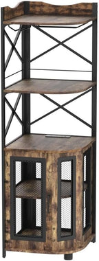 Aheaplus Corner Bar Cabinet with Power Outlet, Industrial Wine Cabinet with LED Strip and Glass Holder, 5-Tiers Liquor Cabinet Bar Unit for Home, Corner Display Cabinet for Small Space, White Oak