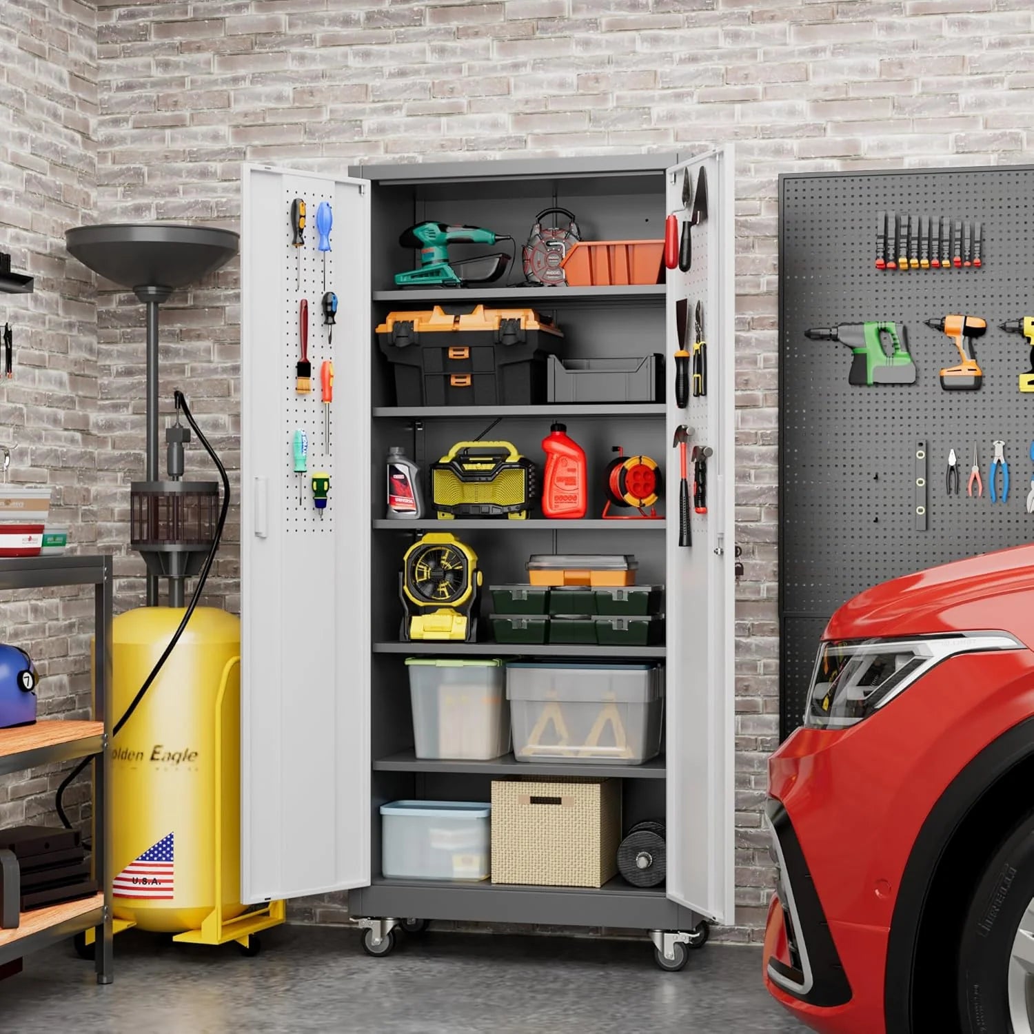 Aobabo 73''H Metal Garage Storage Cabinet with Wheels,Steel Cabinets with 2 Doors and 4 Adjustable Shelves for Home Office,Required Assembly,Black