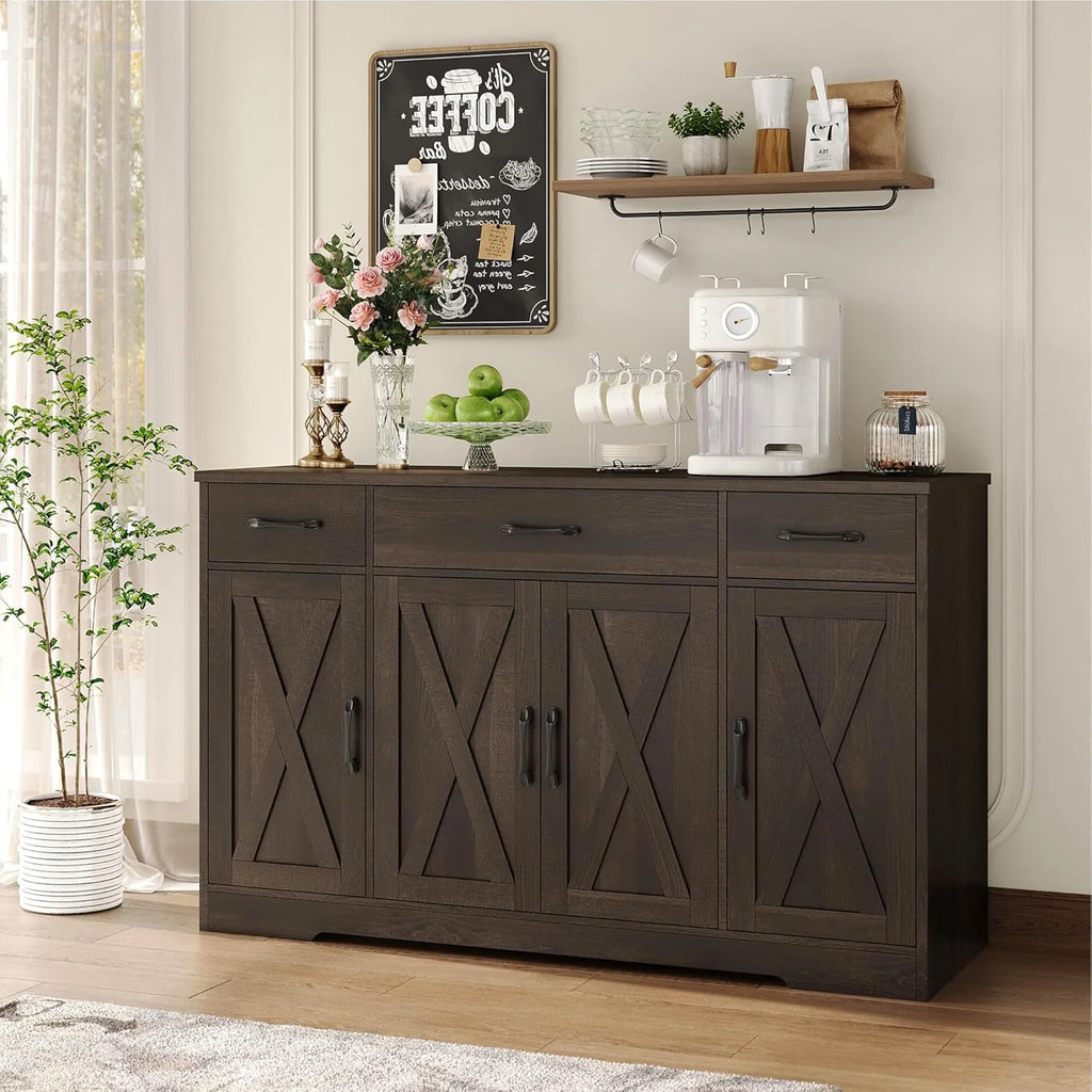 HOSTACK Buffet Cabinet with Drawers, 55" Large Sideboard Buffet Storage Cabinet with Shelves and Doors, Modern Farmhouse Coffee Bar Station Wood Kitchen Table for Kitchen, Dining Room, White/Rustic