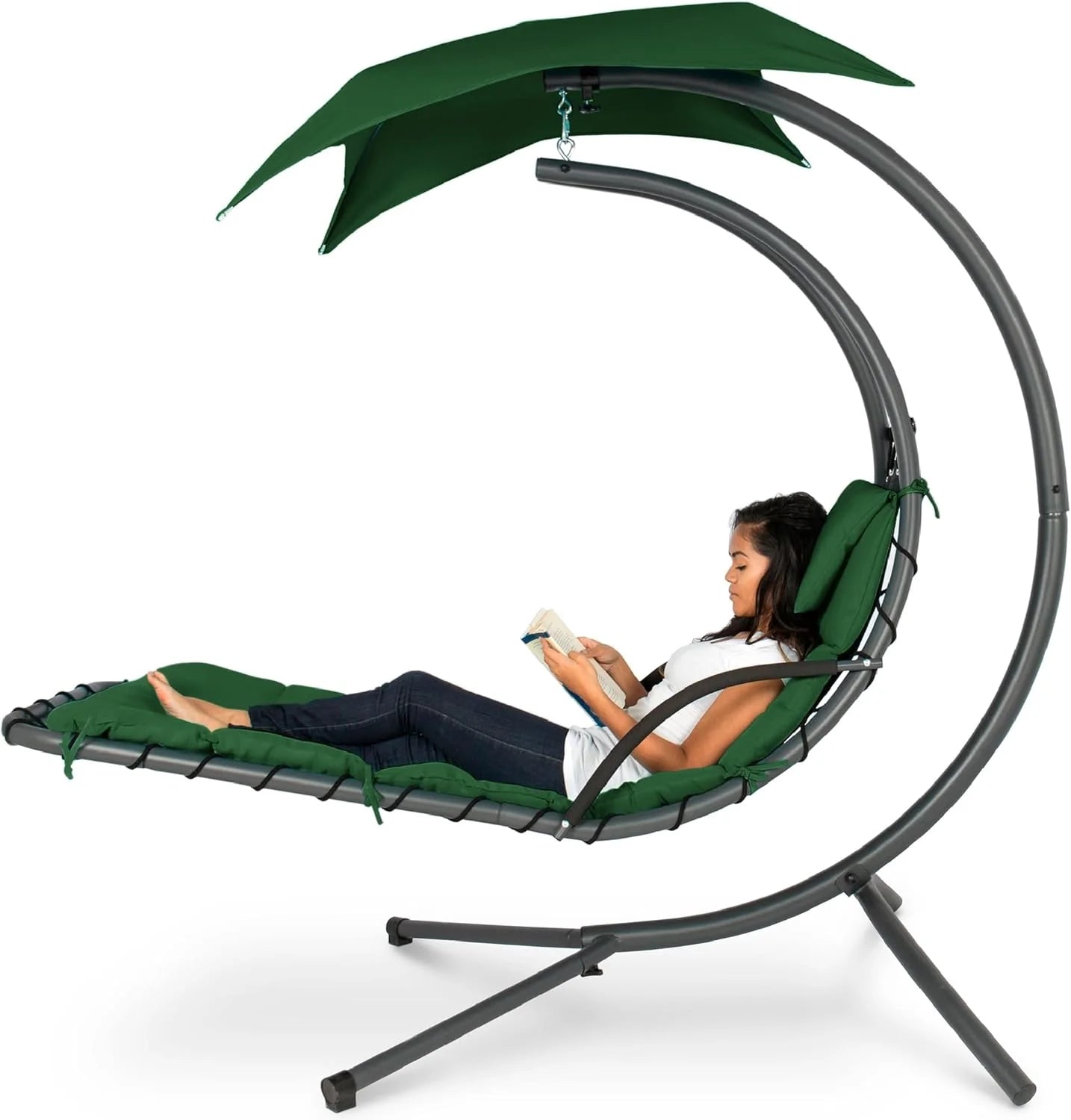 Best Choice Products Outdoor Hanging Curved Steel Chaise Lounge Chair Swing w/Built-in Pillow and Removable Canopy - Teal